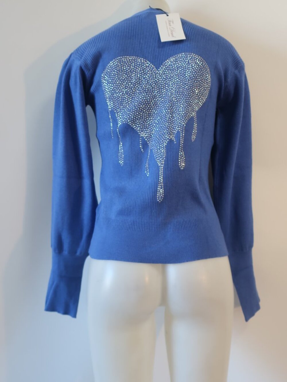 NWT Womens Moving Forward Blue Ribbed Smiley Heart Rhinestone Cardigan Sweater L